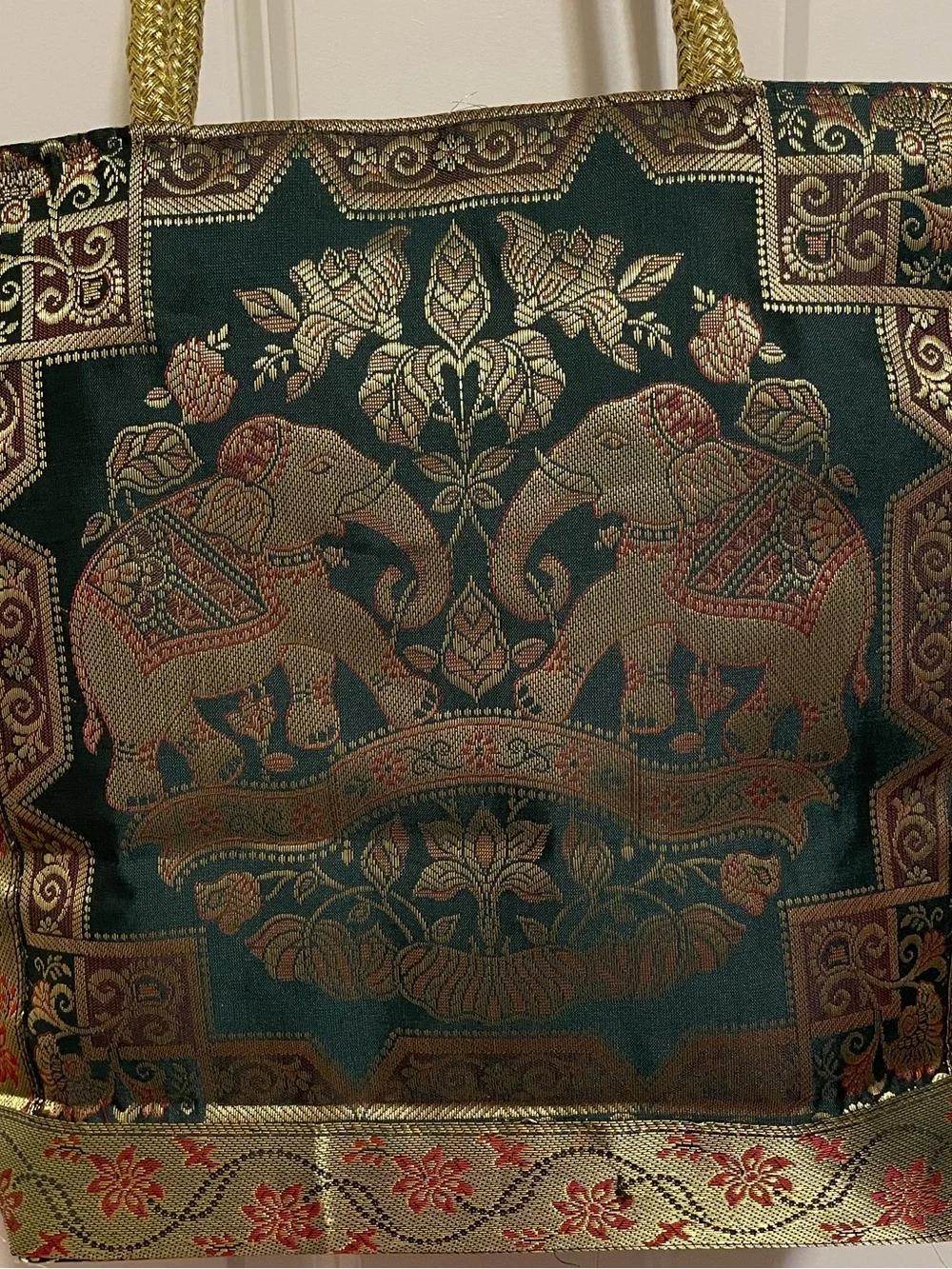 Unused Thai Silk Brocade Elephant Tote Bag Gold Metallic